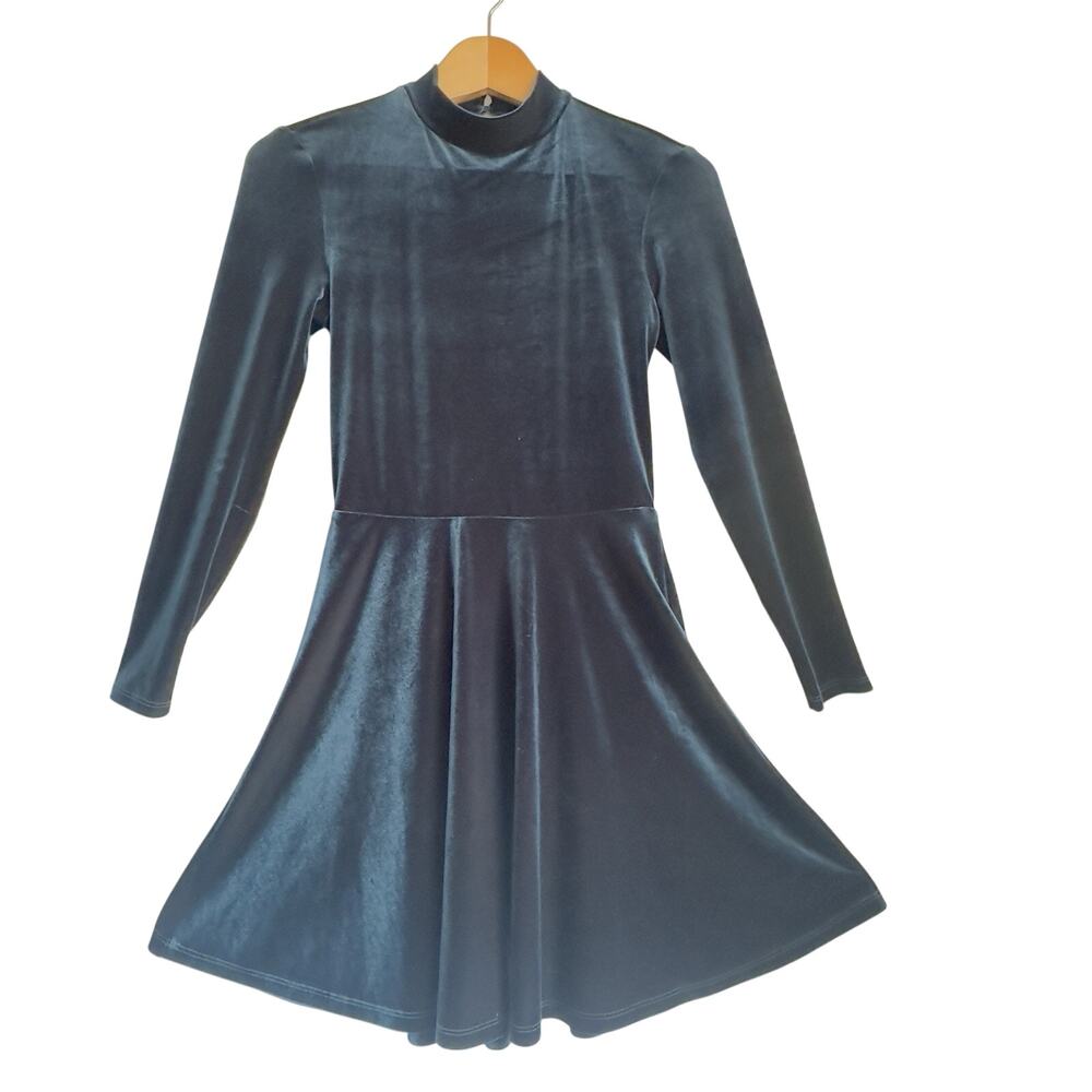 American Apparel Velvet Skater Dress Emerald Green Backless Long Sleeve Y2K Sz M